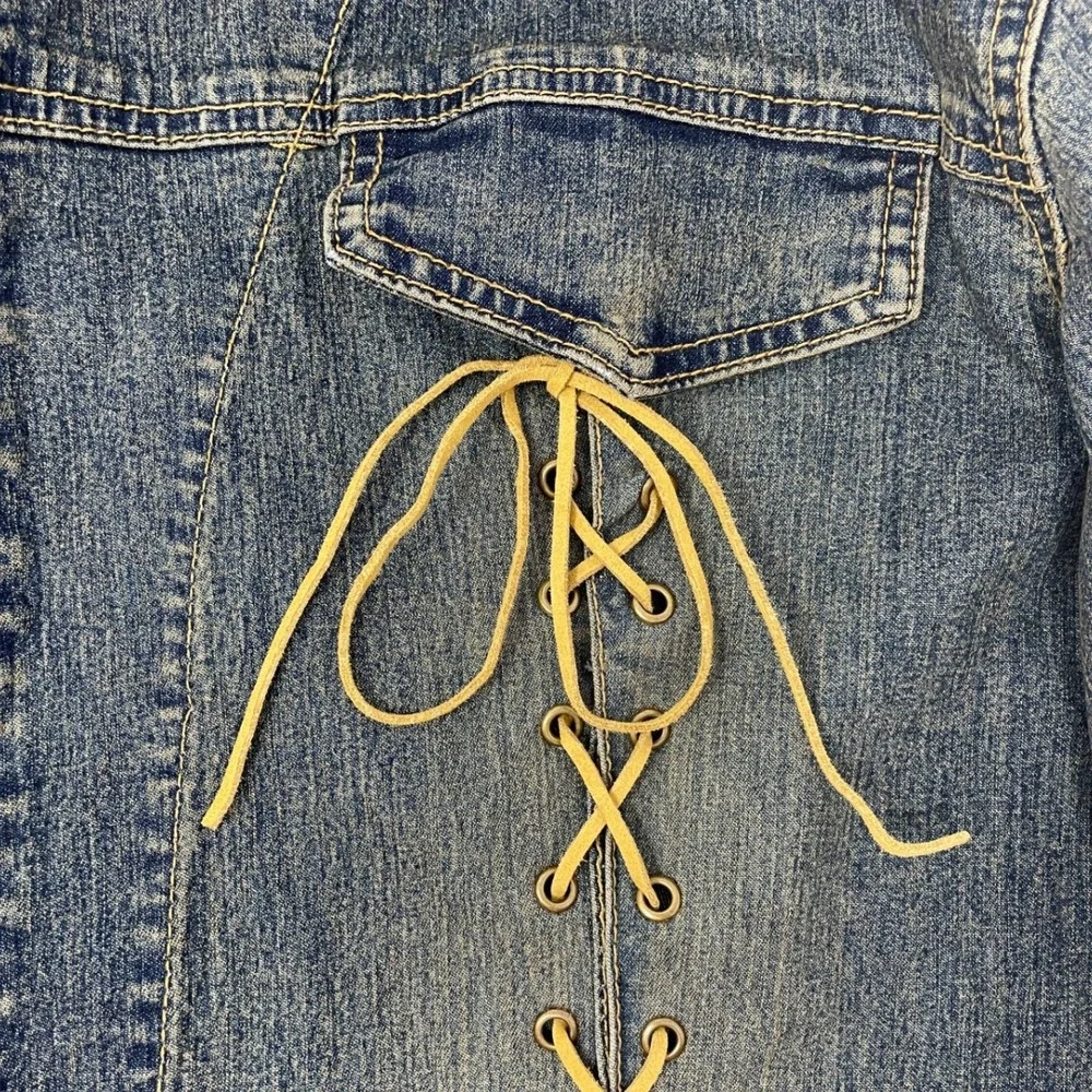 Mwah Jeans Y2K Acid Wash Denim duster Jacket Raw Frayed Edge Cord Leather Lacing